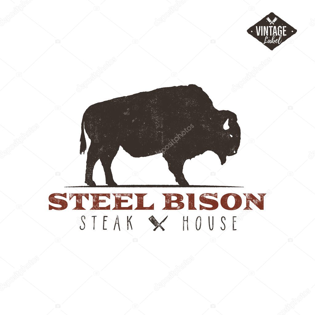Steak House vintage Label. Typography letterpress design. Vector retro logo. Included bbq grill symbols for customizing badge. Retro colors insignia isolate on white background.