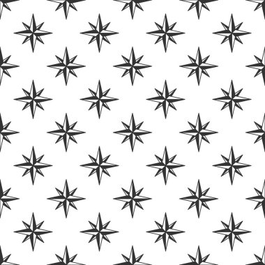 Rüzgar, tişört, duvar kâğıdı ve giysi için pürüzsüz bir desen oluşturdu. Retro monokrom tarzında pusula. Klasik tasarım. Stok vektör arkaplanı.