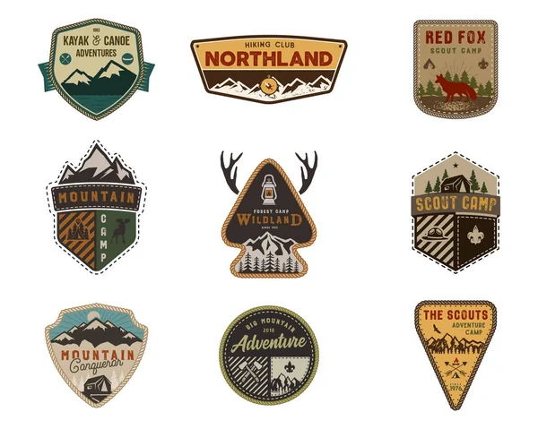 Vintage travel logos patches set. Hand drawn camping labels designs. Texas,  backpacking, surfing. Outdoor hike emblems. Hiking logotypes collection.  Stock vector isolated on white., Stock vector