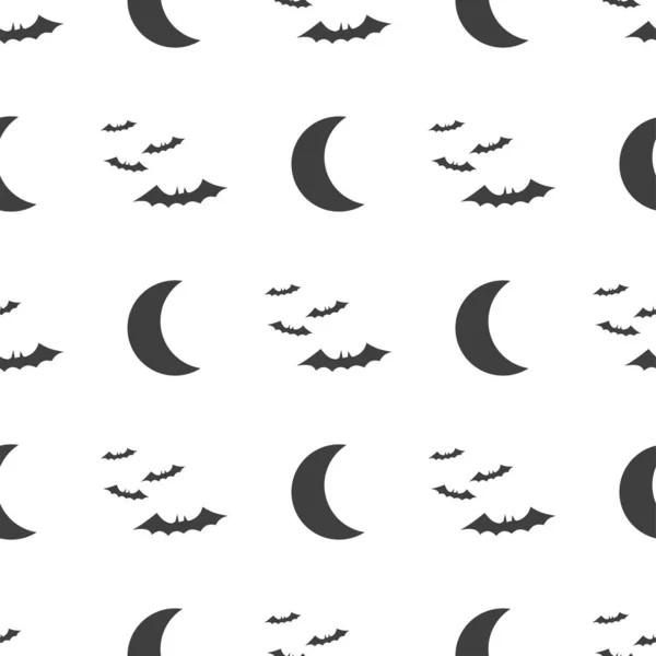 ベクターハロウィンシームレスパターン 月とバットのシンボル 白い背景に孤立したもの — ストックベクタ