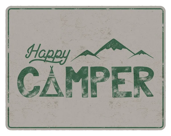 Glückliche Camper Plakatvorlage Zelt Berge Und Textzeichen Retro Farben Design — Stockvektor