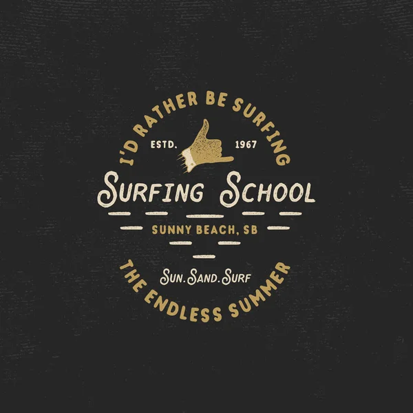 Escola Surf Emblema Vintage Design Logotipo Retro Com Signo Shaka — Vetor de Stock