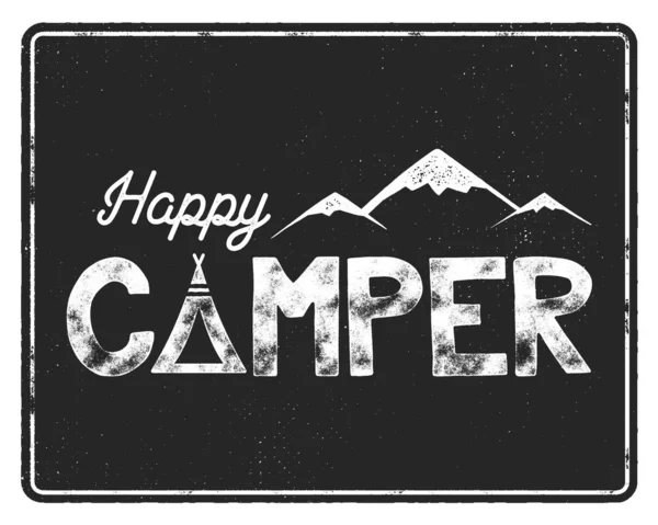 Glückliche Camper Plakatvorlage Zelt Berge Und Textzeichen Retro Monochromes Design — Stockvektor