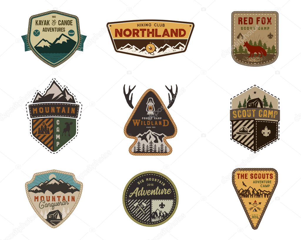 Traveling, outdoor badge collection. Scout camp emblem set. Vintage hand drawn design. Stock vector illustration, insignias, rustic patches. Isolated on white background.
