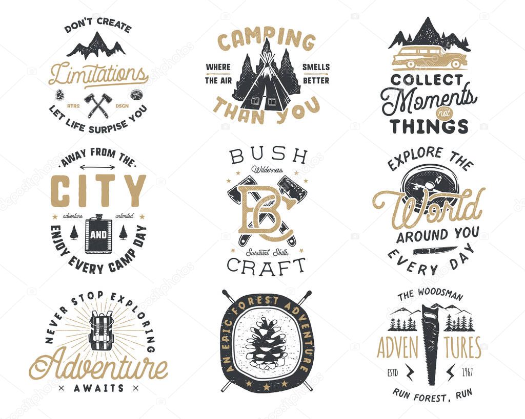 Vintage hand drawn travel badge and emblem set. Hiking labels. Outdoor adventure inspirational logos. Typography retro style. Motivational quotes for prints, t shirts, travel mug. Stock vector design.