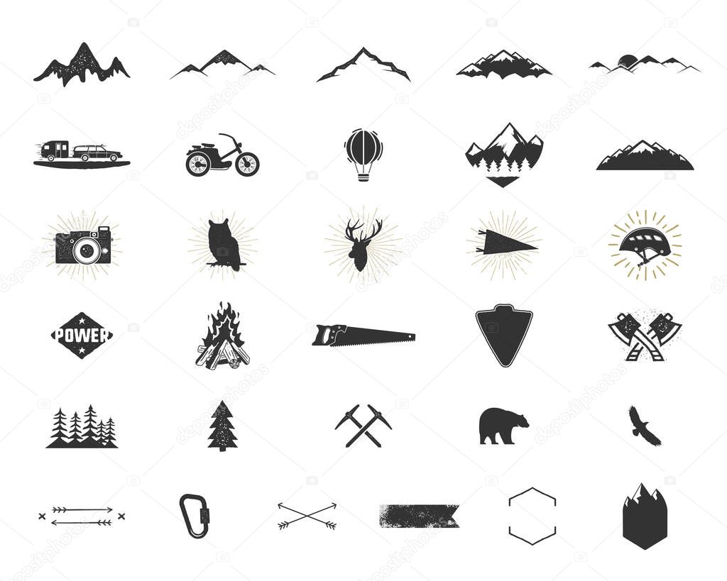 Outdoor adventure silhouette icons set. Climb and camping shapes collection. Simple black pictograms bundle. Use for creating logo, labels and other hiking, surf designs. Vector isolated on white
