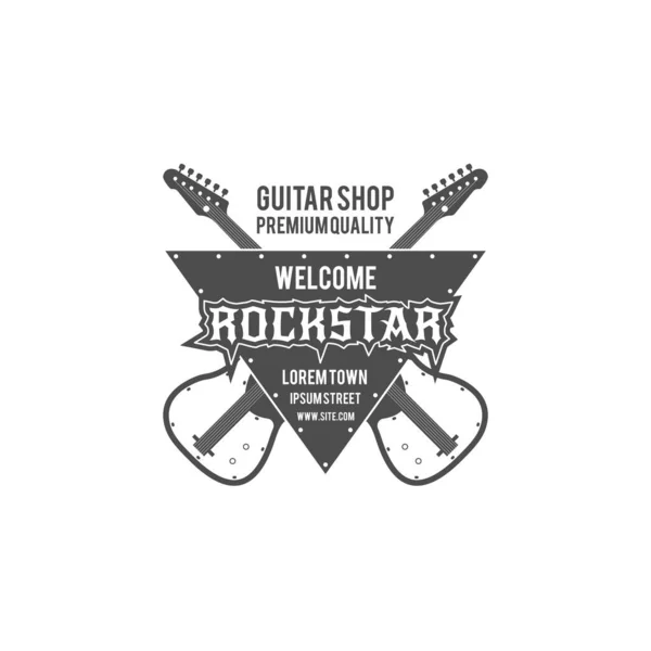 Rockstar Guitar Shop Vektor Etikett Abzeichen Emblem Logo Mit Musikinstrument — Stockvektor