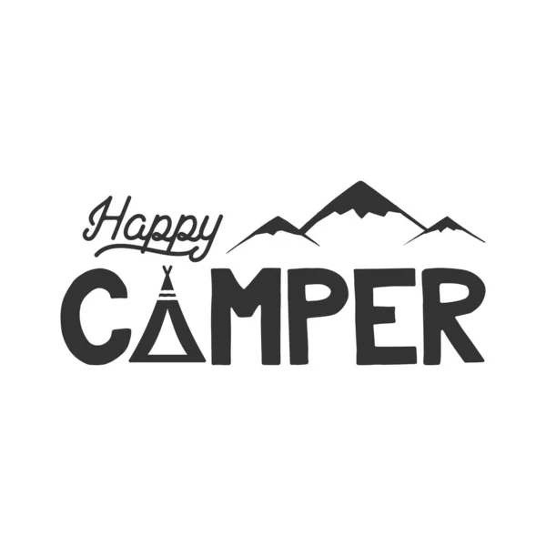 Happy Camper Poster Template Tent Mountains Text Sign Retro Monochrome — Stock Vector