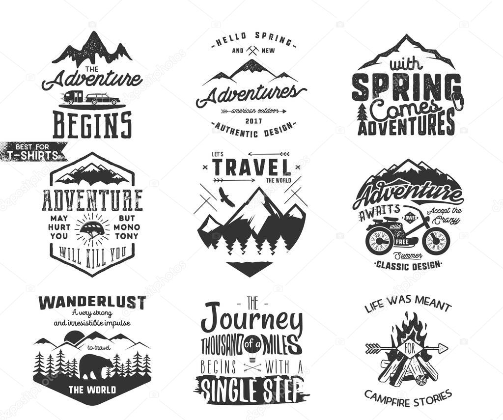 Spring adventure and mountain explorer typography labels set. Outdoors activity inspirational insignias. Silhouette hipster style. Best for t shirts, mugs. Vector patches isolated on white background.