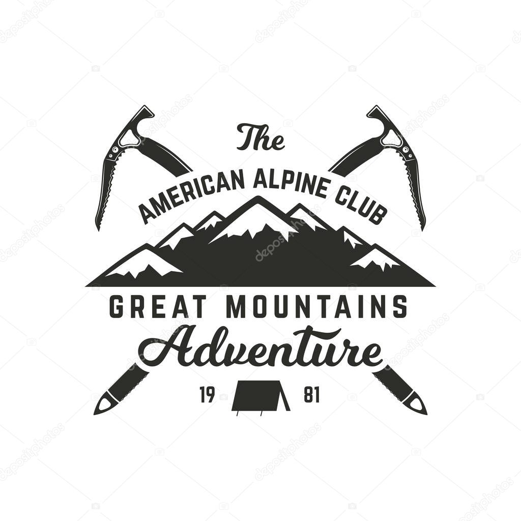 Vintage hand crafted label. Mountain expedition, outdoor adventure badge with climbing symbols and typography design. Stock Vector isolated on white background. Monochrome.