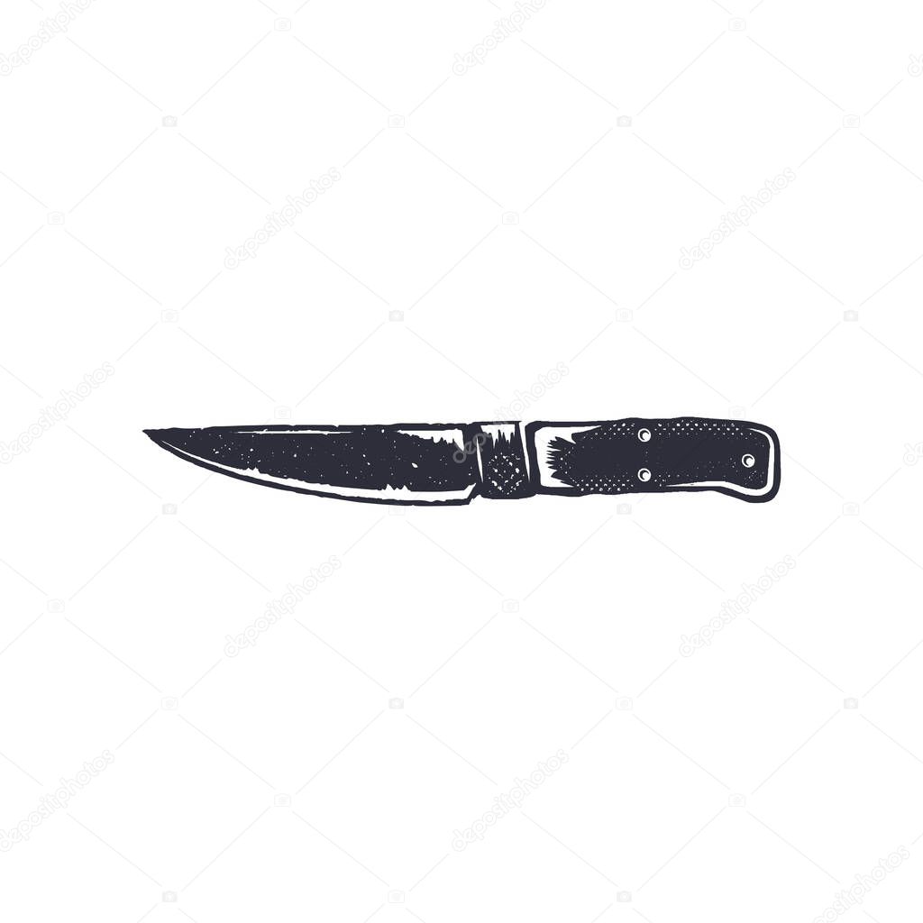 Vintage hand drawn knife shape in monochrome. Adventure icon, pictogram. Camping hipster survival style. Stock vector isolated on white background.