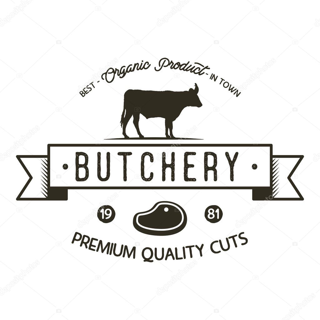 Butchery shop logo template. Old style badge design with silhouette cow symbol and typography elements. Stock vector isolated on white background.