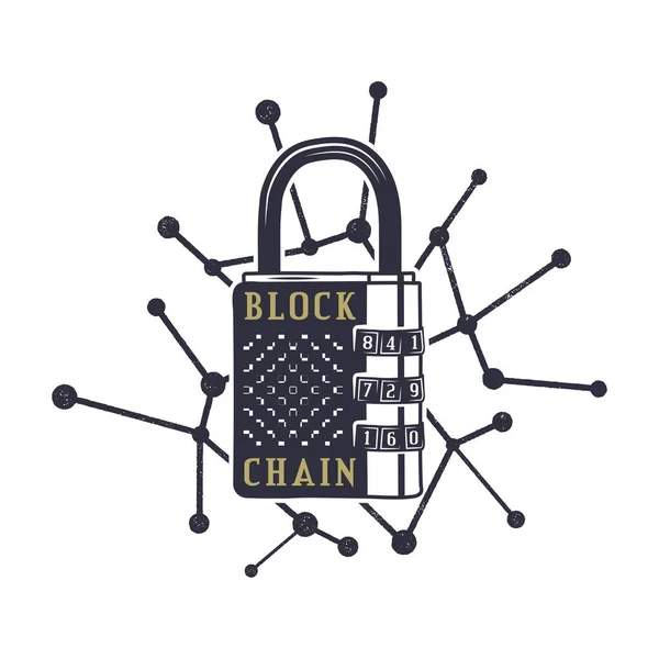 Blockchain Emblem Konzept Logo Für Digitale Vermögenswerte Vintage Handgezogenes Schloss — Stockvektor