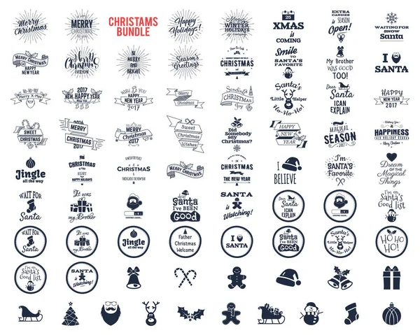 Gran Paquete Navidad Deseos Tipografía Insignias Divertidas Iconos Vacaciones Otros — Vector de stock