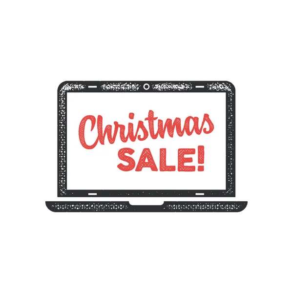 ノートパソコンの画面上でクリスマス販売レタリングやタイポグラフィの要素 休日オンラインショッピングシンボル 白い背景に隔離されたストックベクトルイラスト — ストックベクタ