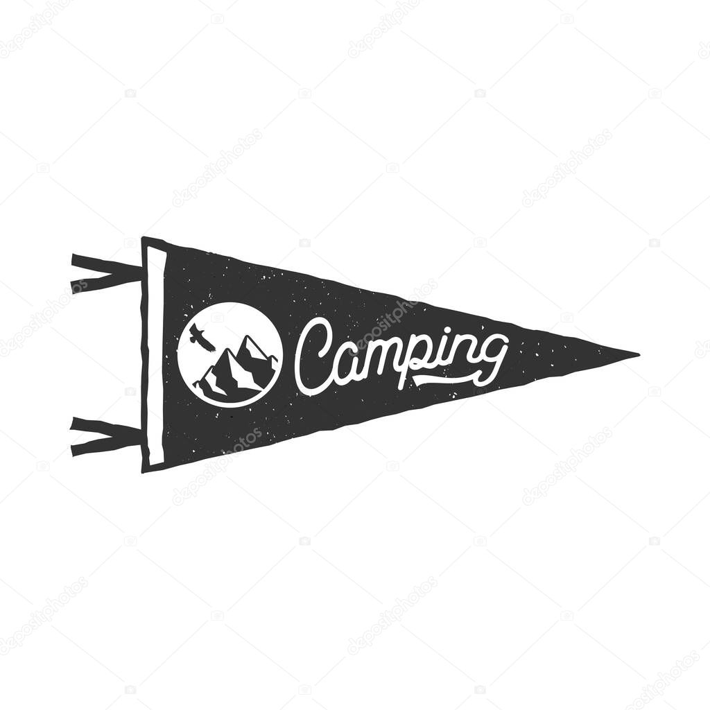 Camping pennant template. Tent and text sign. Monochrome design. Stock vector isolated on white background.