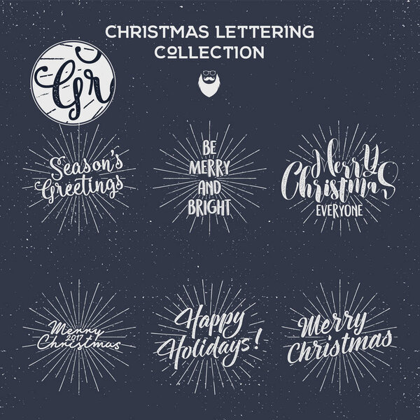 Set of Christmas , New Year 2017 lettering, wishes, sayings and vintage labels. Season's greetings calligraphy. Holiday typography design. Vector design. Letters composition with sun bursts, beard.