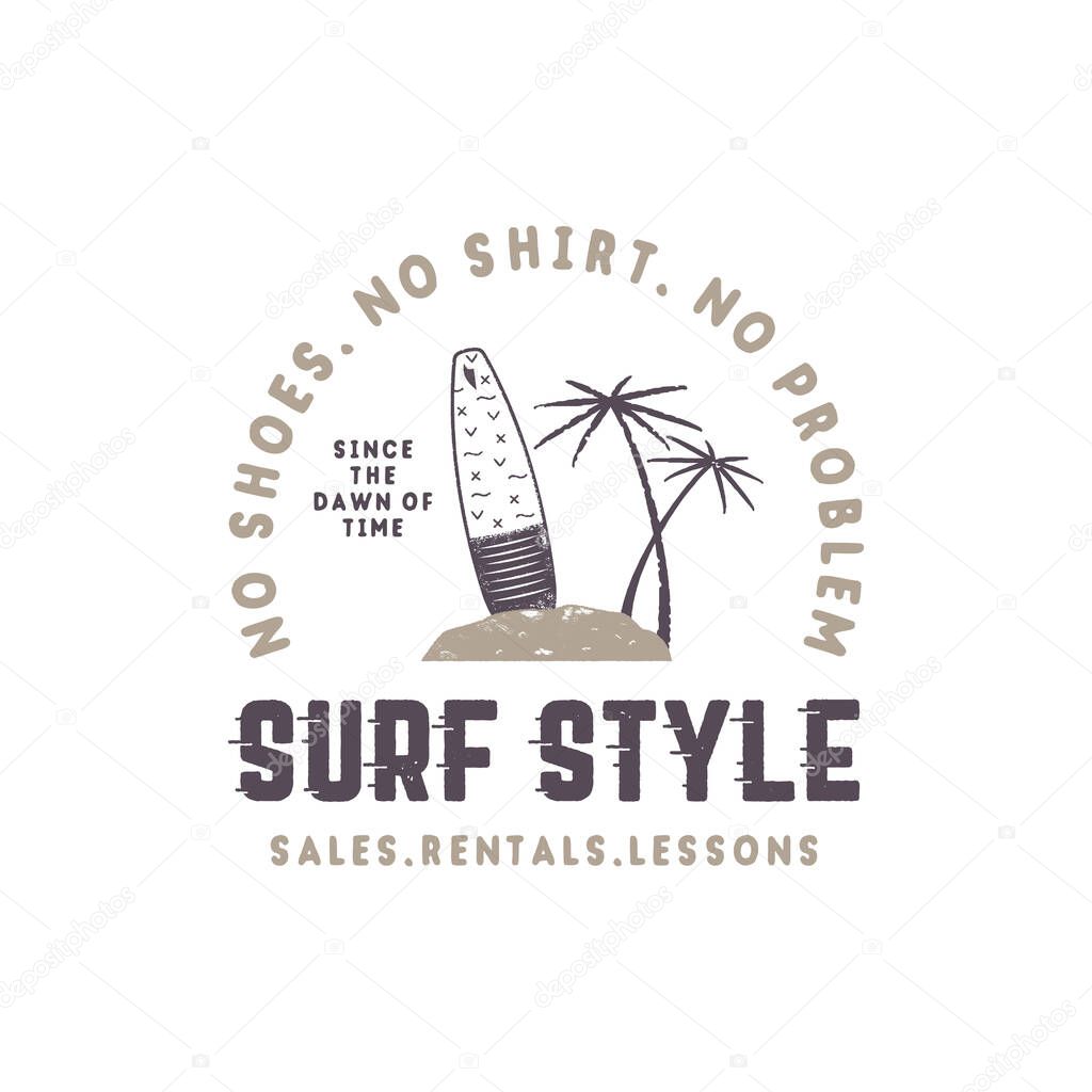 Surf style vintage label. Summer surfing style emblem with surfboard, tropical palms and typography elements. Use for t-shirts, clothing print, other brand identity. Stock vector isolated on white.