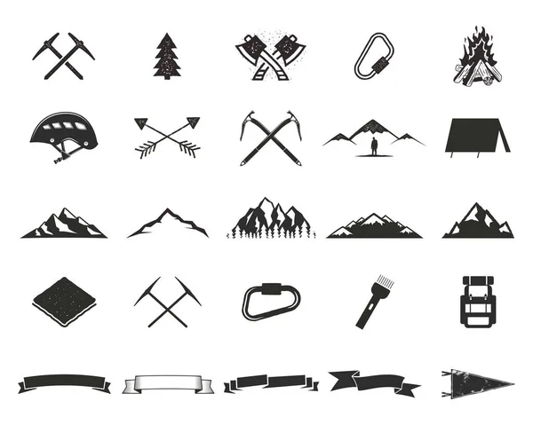 Set Icone Silhouett Spedizione Montagna Collezione Forme Arrampicata Campeggio Pittogrammi — Vettoriale Stock