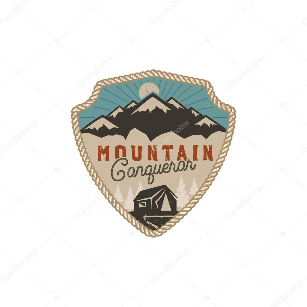 Traveling, outdoor badge. Mountain conqueror emblem. Vintage hand drawn design. Retro colors palette. Stock vector illustration, insignia, rustic patch. Isolated on white background.