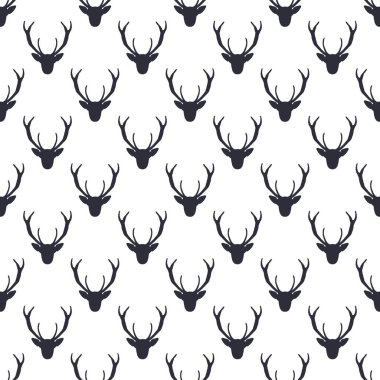 Geyik kafası deseni. Vahşi hayvan sembolleri kusursuz arka plan. Geyik ikonu. Retro duvar kağıdı. Stok vektör illüstrasyonu beyazda izole edildi. Tek renkli tasarım.