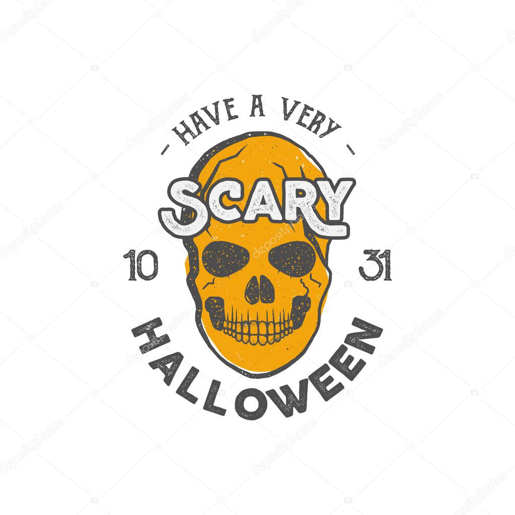 Halloween party label template with skull and typography elements. Stock Vector illustration text with retro grunge effect. Stamp for scary holiday celebration. Print on t shirt, tee design, apparel.
