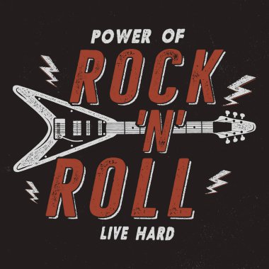 Klasik Hand Drawn Rock n Roll Posteri, Retro Müzik Arkaplanı. Müzikal Tee Grafik Tasarımı. Live Hard Tişört. Tak vektörü.