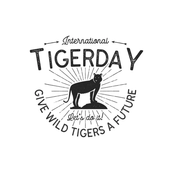 Das Emblem Des Internationalen Tigertages Wildtier Abzeichen Design Vintage Handgezeichnetes — Stockvektor