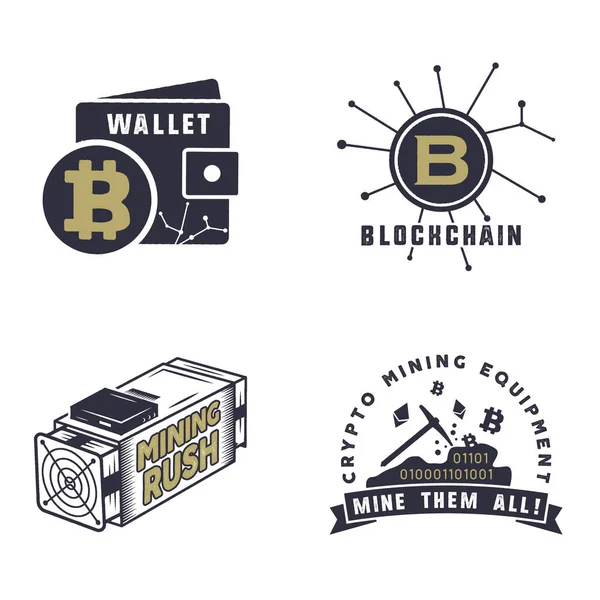 Blockchain Bitcoin Kryptowährungen Embleme Und Konzepte Logos Digitaler Vermögenswerte Vintage — Stockvektor
