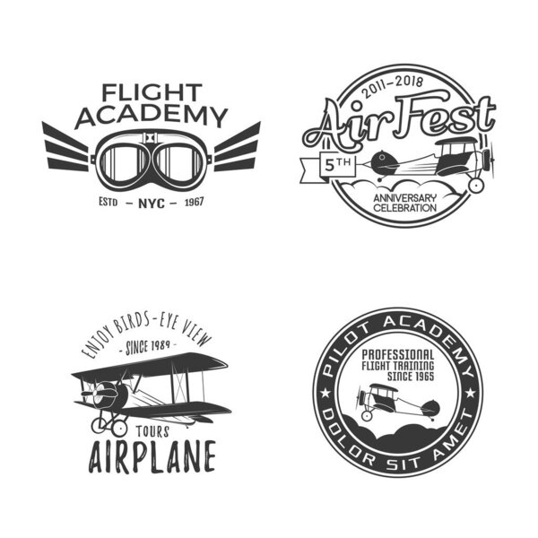 Vintage hand drawn old fly stamps. Travel or business airplane tour emblems. Airplane logo designs. Retro aerial badge. Pilot school logos. Plane tee design, prints. Stock vector patches isolated.
