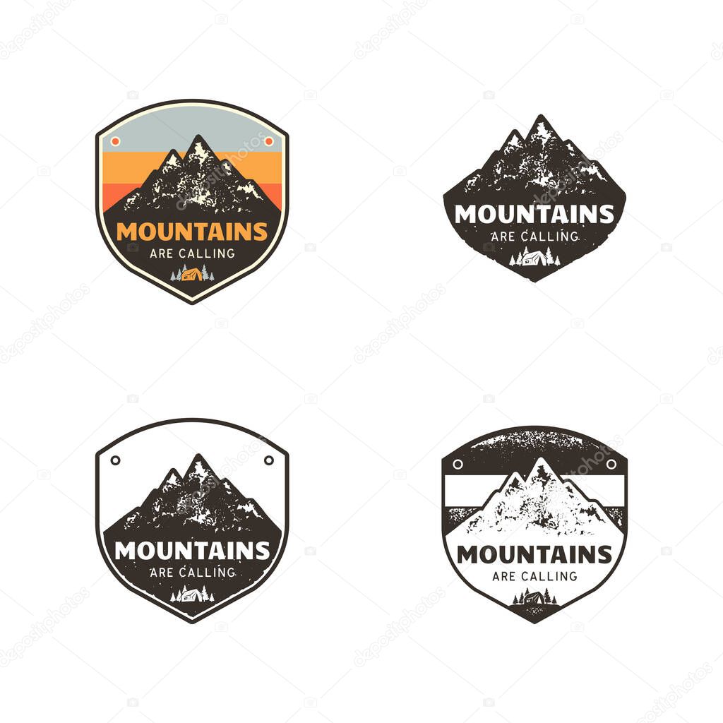 Ski Club, Mountains Explorer Labels. Vintage hand drawn mountain winter camp badges. Outdoor adventure ski camp logo design. Travel patch, hipster print. Retro colors, monochrome emblems. Stock Vector