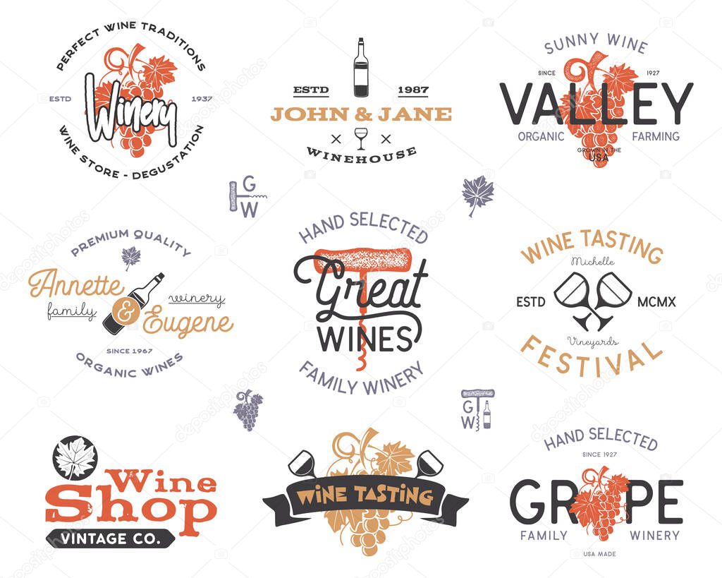 Wine logos, labels set. Winery, wine shop, vineyards badges collection. Retro colors. Typographic hand drawn design illustration. Stock vector emblems and icons isolated on white background.