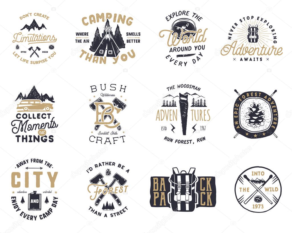 Vintage hand drawn travel badge and emblem set. Hiking labels. Outdoor adventure inspirational logos. Typography retro style. Motivational quotes for prints, t shirts, mug, tee. Stock vector design.
