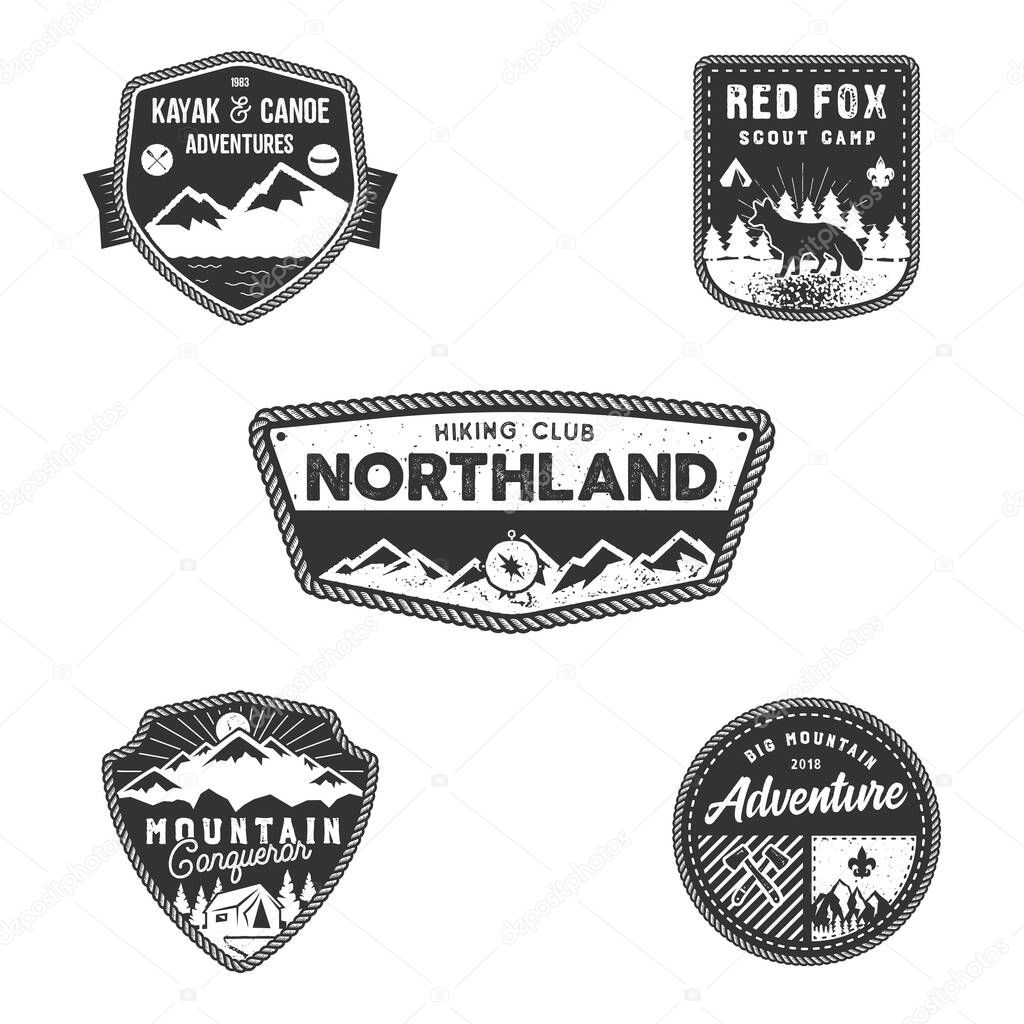 Travel badge, outdoor activity logo collection. Scout camps emblems. Vintage hand drawn travel badge design. Stock vector illustration, insignias, rustic patches. Isolated on white background.