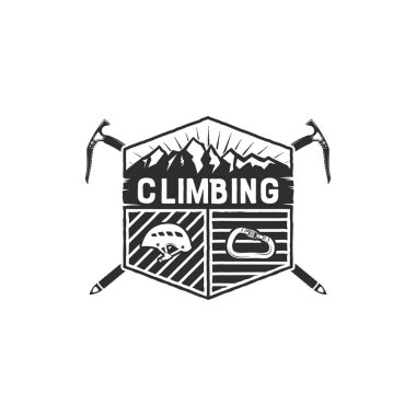 Dağ Macerası, Tırmanan Vintage Hand Amblem Şablonu. Açık hava aktivite spor sembolü. Karabina ve kask elementleri. Tek renkli tasarım. Stok Vektörü illüstrasyonu izole edildi.