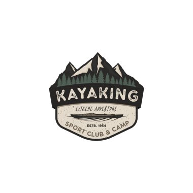 Kayak klasiği rozeti. Dağ kaşifi etiketi. Açık hava macera logosu tasarımı. Seyahat ve hipster amblemi. Vahşi doğa, orman kamp amblemi. Açık hava macera logo şablonu. Stok vektörü.