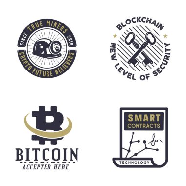 Engelleme zinciri, bitcoin, kripto para birimleri ve kavramlar. Dijital varlık logoları. Klasik el yapımı monokrom tasarımı. Web güvenlik rozetleri. Stok vektör illüstrasyonu beyaz arkaplanda izole edildi.