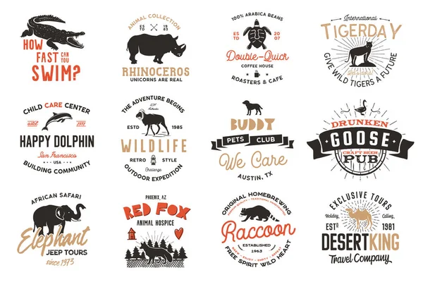 Wild animal Badges set and great outdoors activity insignias. Retro illustration of animal badges. Typographic camping style. Vector wild Animal logos with letterpress effect. Explorer quotes.