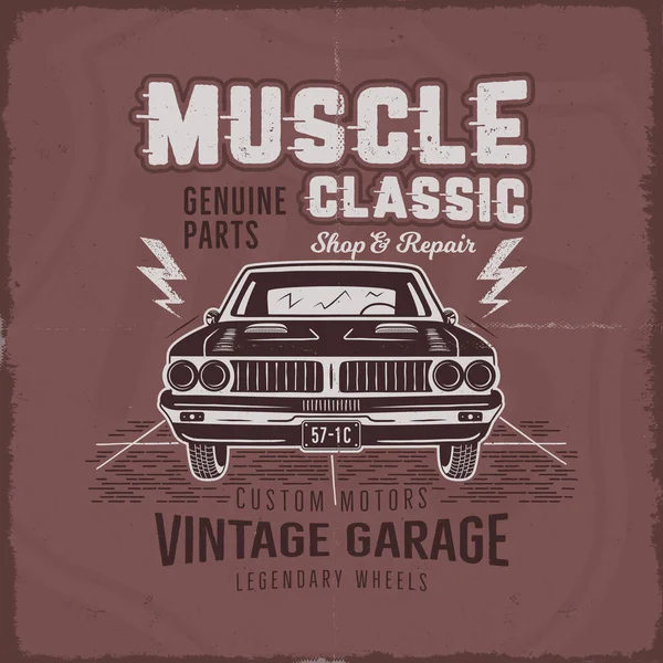 Vintage Hand Getekende Spier Auto Shirt Ontwerp Klassieke Auto Poster — Stockvector