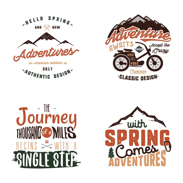 Vintage Adventure Tee Shirts Dessins Zomer Logo Set Handgetekende Reislabels — Stockvector