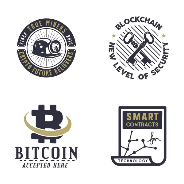 Blockchain Bitcoin Kryptowährungen Embleme Und Konzepte Logos Digitaler Vermögenswerte Vintage — Stockvektor