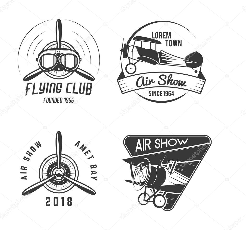 Vintage hand drawn old fly stamps. Travel or business airplane tour emblems. Biplane academy labels. Retro aerial badge isolated. Pilot school logos. Plane tee design, prints. Stock vector.