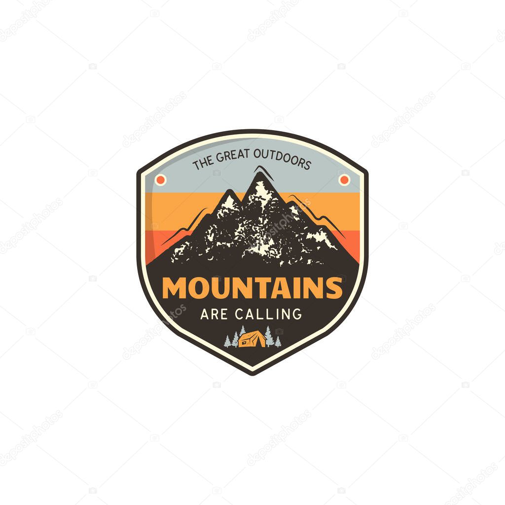 Travel logo design concept. Retro colors style. Mountain adventure badge, travel logo template. Camping patch, prints. Camping t shirt. Stock vector travel label isolated on white background.