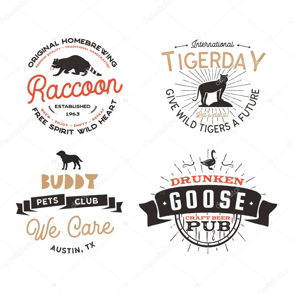 Wild animal Badges set and great outdoors activity insignias. Retro illustration of animal badges. Typographic camping style. Stock Vector wild Animal logos with letterpress effect. Pub, cafe labels.