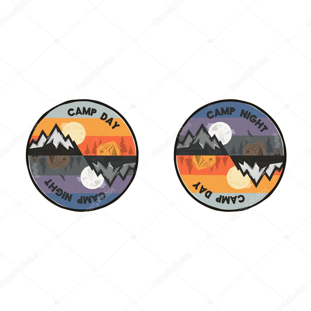 Camp day and camp night outdoor adventure concept. Unique camping emblem, badge. Included mountains, tent, bonfire, eagle symbols and elements. Letterpress effect. Stock vector illustration isolated.
