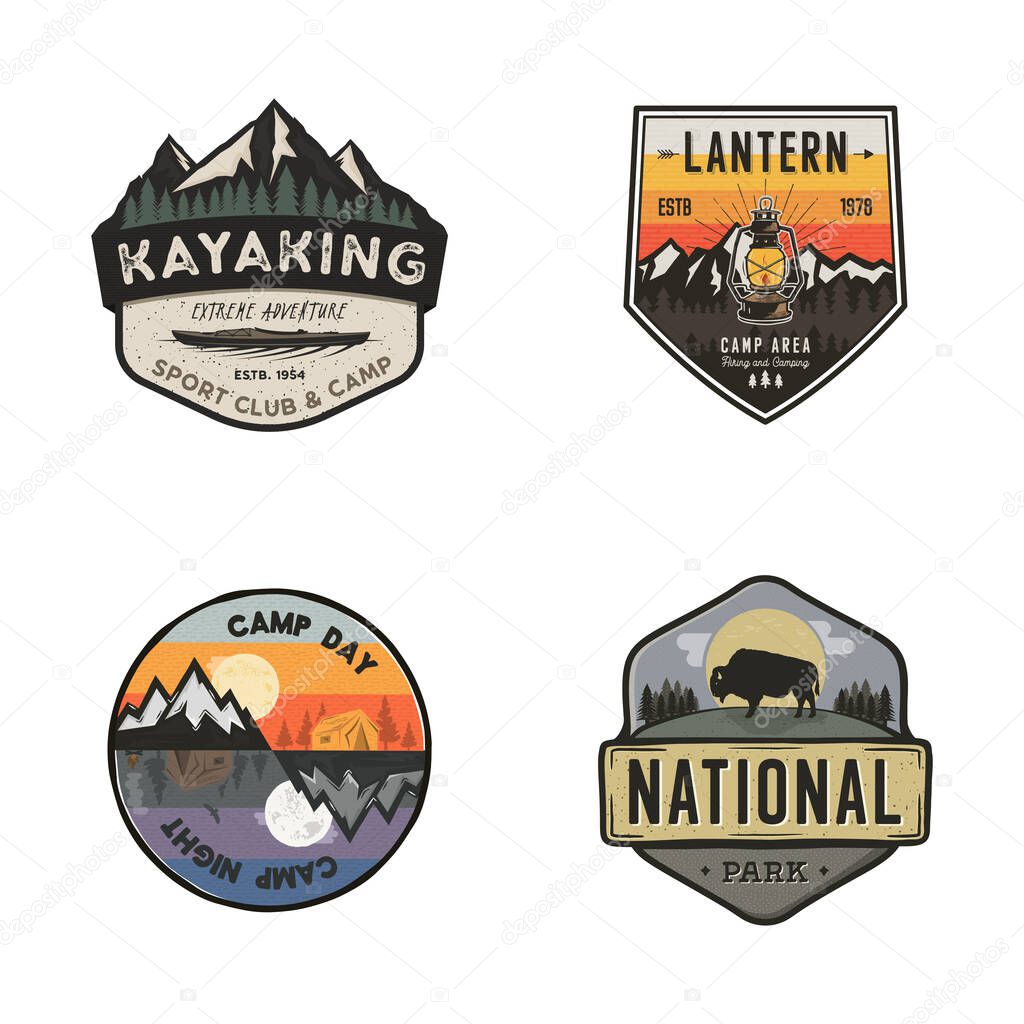 Set of vintage hand drawn travel logos. Hiking labels concepts. Mountain expedition badge designs. Travel logos, camp logotypes collection. Stock vector retro patches isolated on white background.