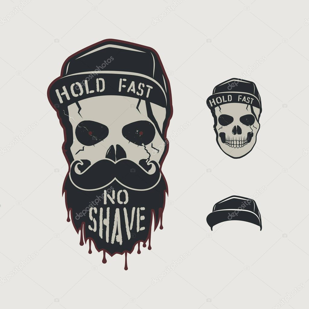 Skull head character. VIntage hand drawn design with cap, beard, mustache and words - hold fasy, no shave. Unusual hipster patch for barbershops poster. Stock vector isolated on retro background.