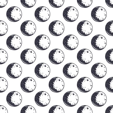 Ay kusursuz desen. Tek renkli olsun. El yapımı uzay duvar kağıdı tasarımı. Uzay teması, semboller. Stok vektör illüstrasyonu beyaz arkaplanda izole edildi.