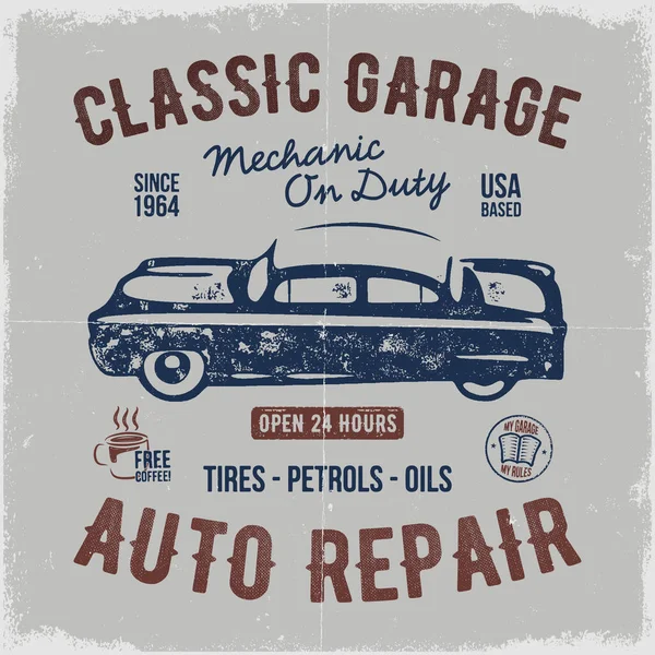 Vintage Hand Getekend Auto Reparatie Shirt Ontwerp Klassieke Auto Poster — Stockvector