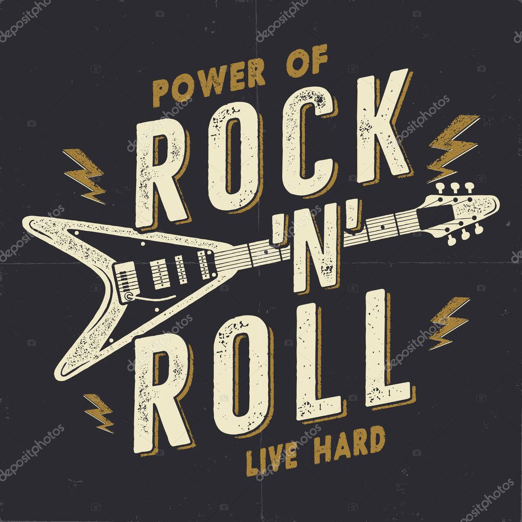 Vintage Hand Drawn Rock n Roll Poster, Rock Music Poster. Hard Music Tee Graphics Design. Rock Music T-Shirt. Power of Rock n Roll quote. Stock vector retro wallpaper, emblem